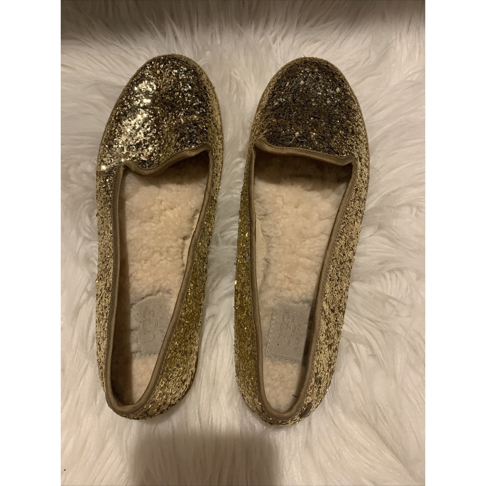 UGG Alloway Glitter Flats Shoes Size 8 Metallic Gold Slip On Sheepskin Comfy GUC